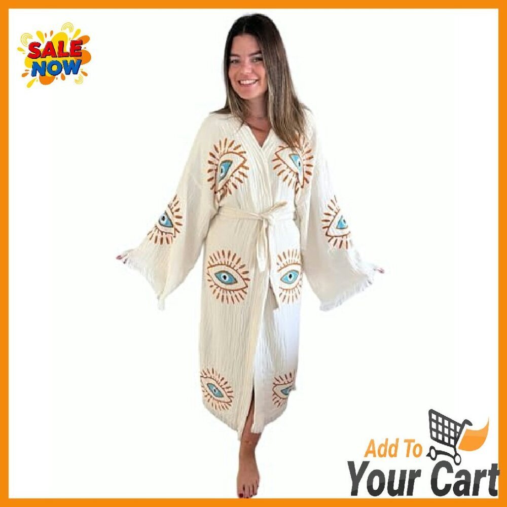 Handmade Evil Eye Kimono Boho Cotton Cardigan Festival Beach Cover Up - Picture 8 of 8